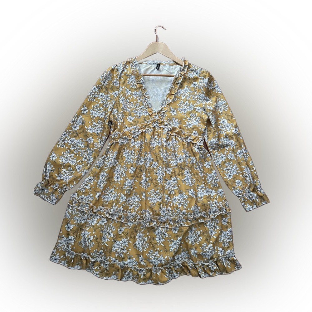 Jillumi Women’s Floral Print Long Sleeves Dress Color: Mustard & White Size:M